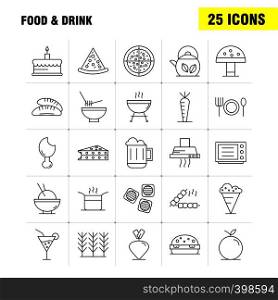 Food And Drink Line Icons Set For Infographics, Mobile UX/UI Kit And Print Design. Include: Food, Restaurant, Dinner, Cereal, Food, Wheat, Bbq, Meat, Icon Set - Vector