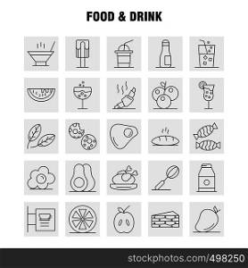 Food And Drink Line Icons Set For Infographics, Mobile UX/UI Kit And Print Design. Include: Cocktail, Glass, Goblet, Glass, Wine, Drink, Baking, Croissant, Icon Set - Vector