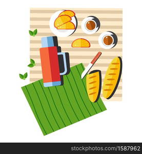 Food and drink on blanket, picnic summer outdoor activity or leisure vector. Coffee or tea in cups and thermos, bread loafs or ciabatta slices on plates. Knife and dishware, beverage and pastry. Picnic food and drink on blanket, summer outdoor activity