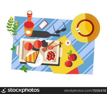 Food and drink on blanket summer picnic sunglasses and hat vector sandwich and wine fruits apple and cherry wine bottle plate, on tray fork and spoon outdoor activity leisure or pastime on cloth. Summer picnic food and drink on blanket sunglasses and hat