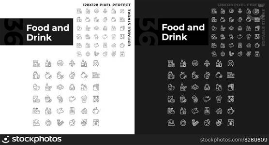 Food and drink pixel perfect linear icons set for dark, light mode. Grocery store. Supermarket product categories. Thin line symbols for night, day theme. Isolated illustrations. Editable stroke. Food and drink pixel perfect linear icons set for dark, light mode