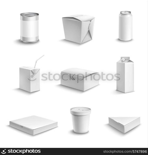 Food and drink plastic and cardboard package blank white objects set isolated vector illustration