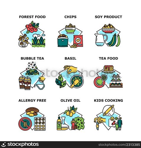 Food And Drink Set Icons Vector Illustrations. Natural Forest Food And Soy Product, Chips Snack And Allergy Free Nutrition, Delicious Bubble Tea And Olive Oil. Kids Cooking Color Illustrations. Food And Drink Set Icons Vector Illustrations