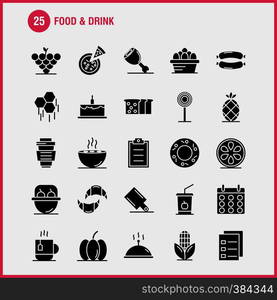 Food And Drink Solid Glyph Icons Set For Infographics, Mobile UX/UI Kit And Print Design. Include: Breakfast, Croissant, Food, Food, Hood, Kitchen, Food, Hot Icon Set - Vector