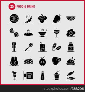 Food And Drink Solid Glyph Icons Set For Infographics, Mobile UX/UI Kit And Print Design. Include: Cocktail, Glass, Goblet, Glass, Wine, Drink, Baking, Croissant, Icon Set - Vector