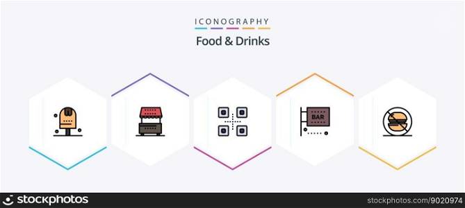 Food and Drinks 25 FilledLine icon pack including media and entertainment. food and drink. kiosk. bar. food and restaurant