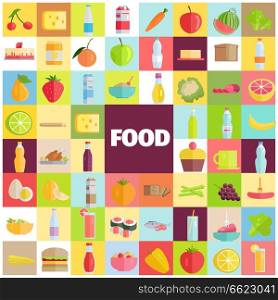 Food and drinks banner with different meals and beverages vector illustration in flat style. Grocery products, refreshing drink, organic fruits and vegetables. Tasty Food, Grocery Products and Refreshing Drinks