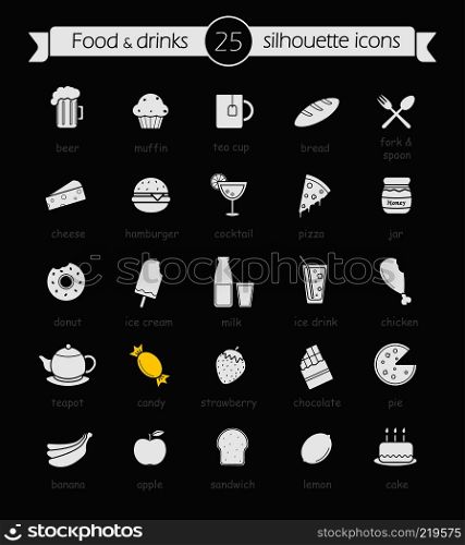 Food and drinks chalk icons set. Alcohol, fruits and vegetables, dairy products, bakery and sweets. Restaurant and cafe menu items. Isolated vector chalkboard illustrations. Food and drinks chalk icons set
