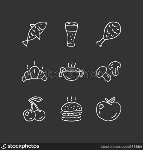 Food and drinks chalk icons set. Burger, chicken leg and beer. Delicious eating and beverages isolated vector chalkboard illustrations. Fish, cherry and apple. Croissant, hot tea and mushrooms