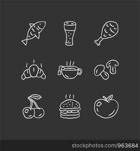 Food and drinks chalk icons set. Burger, chicken leg and beer. Delicious eating and beverages isolated vector chalkboard illustrations. Fish, cherry and apple. Croissant, hot tea and mushrooms
