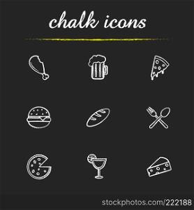 Food and drinks chalk icons set. Chicken leg, foamy beer mug, pizza slice, hamburger, loaf of bread, eatery symbol, margarita cocktail, cheese. Isolated vector chalkboard illustrations. Food and drinks chalk icons set