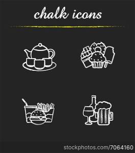 Food and drinks chalk icons set. Tea, confectionery, fastfood and alcohol drinks illustrations. Isolated vector chalkboard drawings. Food and drinks chalk icons set