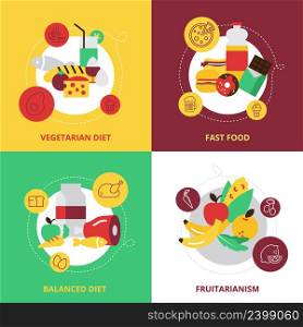 Food and drinks design concept icons set with vegetarian diet fast food balanced diet and fruitarianism flat isolated vector illustration . Food And Drinks Design Icons Set