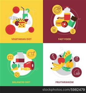Food And Drinks Design Icons Set. Food and drinks design concept icons set with vegetarian diet fast food balanced diet and fruitarianism flat isolated vector illustration