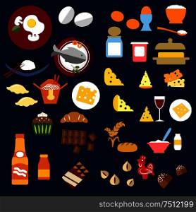Food and drinks flat icons of bread and butter, cheese and wine, porridge and fish, chinese food, dairy cupcake, croissant, chocolate bars and candies, juice, nuts. Food, fish, snacks and drinks flat icons
