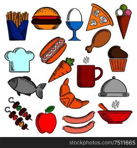 Food and drinks flat icons set with pizza, sausages, burger, coffee cup, cake, chicken and egg, ice cream hot dog french fries, apple, fish, carrot croissant barbecue, soup and chef hat, tray . Food, snacks and dessert icons