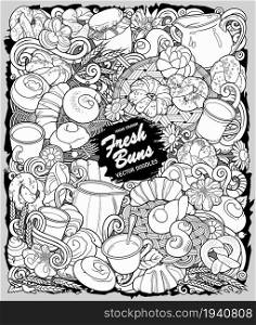 Food and drinks hand drawn vector doodles illustration. Bake shop elements and objects cartoon banner. Sketchy funny bakery artwork. Food and drinks hand drawn vector doodles illustration.
