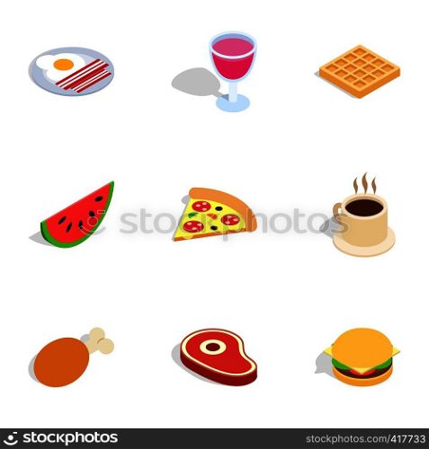 Food and drinks icons set. Isometric 3d illustration of 9 food and drinks vector icons for web. Food and drinks icons, isometric 3d style