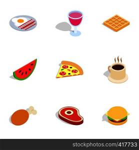 Food and drinks icons set. Isometric 3d illustration of 9 food and drinks vector icons for web. Food and drinks icons, isometric 3d style