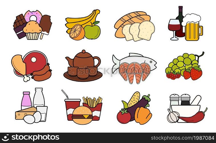 Food and drinks icons set. Vector gastronomy color illustrations. Food and drinks icons set. Color