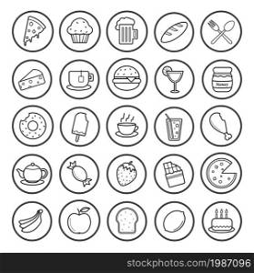 Food and drinks linear icons set. Vector line art illustrations isolated on white. Food and drinks linear icons set