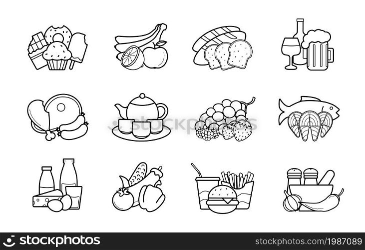 Food and drinks linear icons set. Vector line art symbols. Food and drinks linear icons set