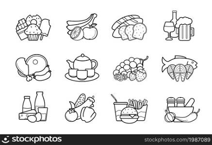 Food and drinks linear icons set. Vector line art symbols. Food and drinks linear icons set