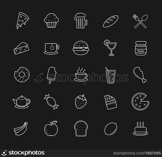 Food and drinks linear icons set. Vector line art symbols isolated on blackboard. Food and drinks linear icons set. Blackboard