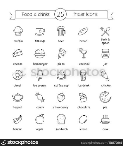 Food and drinks linear icons set with signs. Vector line art illustrations. Food and drinks linear icons set with signs