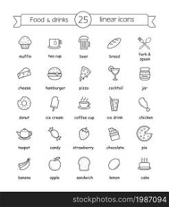 Food and drinks linear icons set with signs. Vector line art illustrations. Food and drinks linear icons set with signs