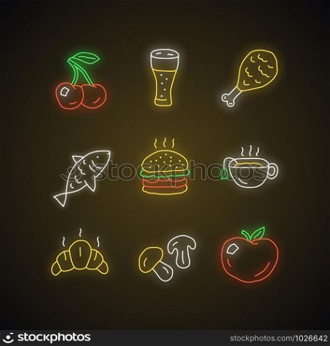 Food and drinks neon light icons set. Burger, chicken leg and beer. Delicious eating and beverages glowing signs. Croissant, hot tea and mushrooms vector isolated illustrations. Fish, cherry and apple