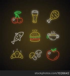 Food and drinks neon light icons set. Burger, chicken leg and beer. Delicious eating and beverages glowing signs. Croissant, hot tea and mushrooms vector isolated illustrations. Fish, cherry and apple