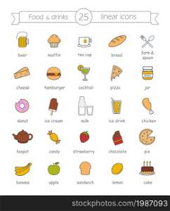 Food and drinks, nutrition color icons set with signs. Vector. Food and drinks, nutrition color icons set