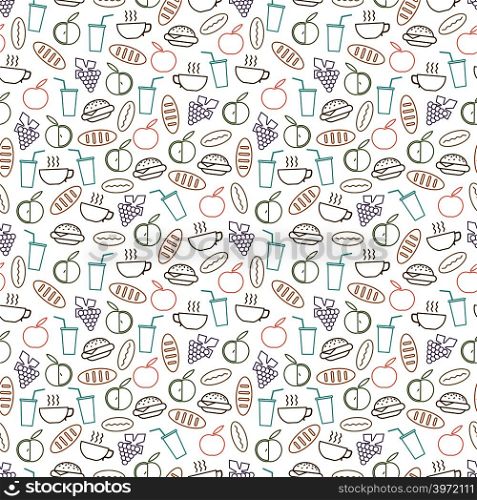 Food and drinks seamless pattern design - seamless texture with burger, drinks, bread and fruits line icons. Background breakfast vector illustration. Food and drinks seamless pattern design - seamless texture with burger, drinks, bread and fruits line icons