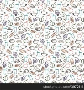 Food and drinks seamless pattern design - seamless texture with burger, drinks, bread and fruits line icons. Background breakfast vector illustration. Food and drinks seamless pattern design - seamless texture with burger, drinks, bread and fruits line icons