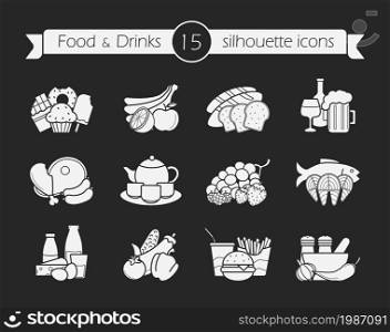 Food and drinks silhouette icons set. Vector chalk illustrations isolated on blackboard. Food and drinks silhouette icons set. Chalk