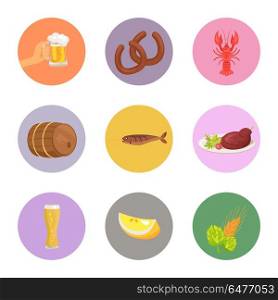 Food and Drinks Vector Illustration on White. Food and alcoholic drinks vector illustration on white background such as sausages, crayfish and fish, beer and symbols as hop with wheat.