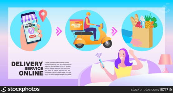 Food and fast food delivery online on smartphone business concept design vector illustration. E-commerce. quick shipping a parcel around city by motorcycle staff.