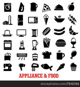 Food and home appliance flat icons with coffee, chicken leg, refrigerator, iron, microwave, tv, stove, vacuum, blender, pizza, washing machine, cake dish, fan fish toaster kettle apple french fries . Food and home appliance flat icons