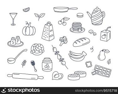 Food and kitchenware doodles vector set of isolated elements. Cooking doodle illustrations collection of utensils, meal ingredients, kitchen objects. Fruits, vegetables, bakery on white background.. Food and kitchenware doodles vector set of isolated elements. Cooking doodle illustrations collection of utensils, meal ingredients, kitchen objects. Fruits, vegetables, bakery on white background