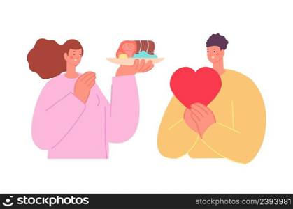 Food and love. Happy man give heart to girl with healthy homemade dinner. Romantic lunch, dating or family eating. Young couple vector characters. Illustration of romance people together. Food and love. Happy man give heart to girl with healthy homemade dinner. Romantic lunch, dating or family eating. Young couple vector characters