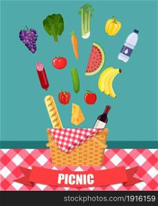 Food and pastime icons. Barbecue object, picnic items. Design of invitation card. Creative banner with flying food. Natural ingredients on tablecloth. Vector illustration in flat style. Food and pastime icons.