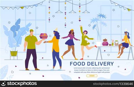 Food and Snack Delivery Online Service. Girls Ordering Fresh Baked Sweet Glazed Donuts for Hen-Party. Man Courier Carrying Cardboard Box with Pastry. Advertising Banner. Vector Illustration
