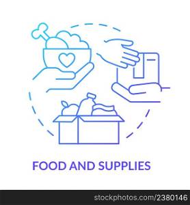 Food and supplies blue gradient concept icon. Governments may aid abstract idea thin line illustration. Relief items. Humanitarian action. Isolated outline drawing. Myriad Pro-Bold font used. Food and supplies blue gradient concept icon