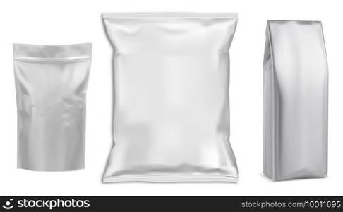 Food bag. White vector package. Food pouch foil pack. 3d sachet for snack product mockup design. Chaocolate Foil packet. Pillow bag for chips or cookie. Coffee bag, tea container. Food bag White vector package food pouch foil pack