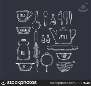 Food baking and equipment sketch icon set