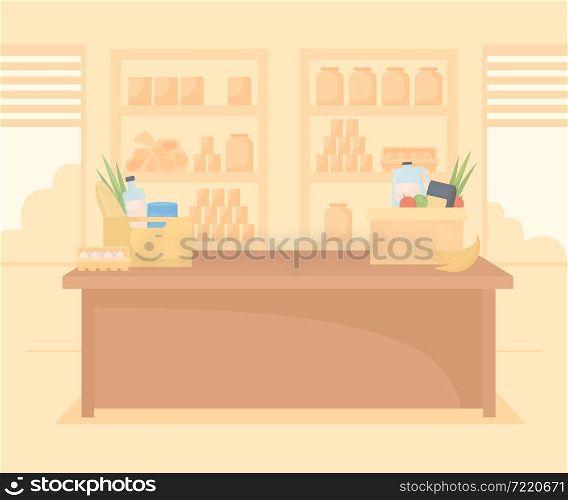 Food bank flat color vector illustration. Pantry for charity supplies. Humanitarian organization center. Monochrome orange 2D cartoon interior with supermarket shelves with products on background. Food bank flat color vector illustration