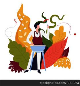 Food bbq outdoor man cooking meal surrounded by foliage and leaves of nature vector male chef roasting meat or sausages on grill grilling dish for lunch person on barbeque with pork and frankfurter. Food bbq outdoor man cooking meal surrounded by foliage