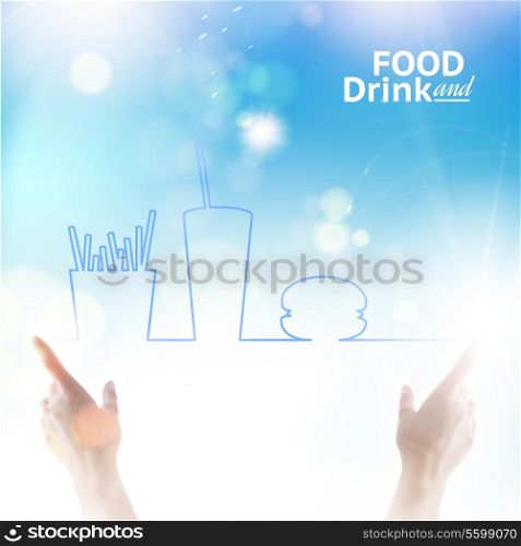 Food between two hands over sky. Vector illustration.