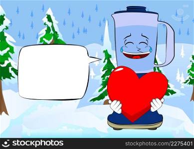 Food Blender holding a big red heart as a cartoon character with face. Electric kitchen equipment for food processing.